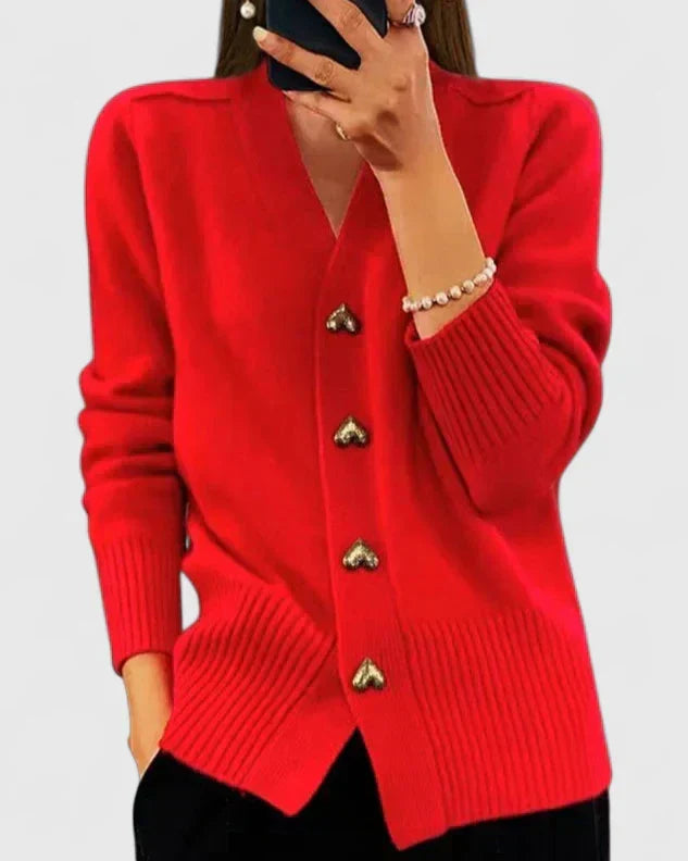 Women's heart button V-neck knit cardigan in red