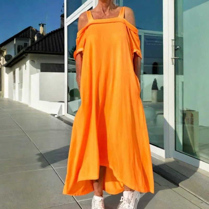 Off-Shoulder Side Slit Maxi Dress - Orange