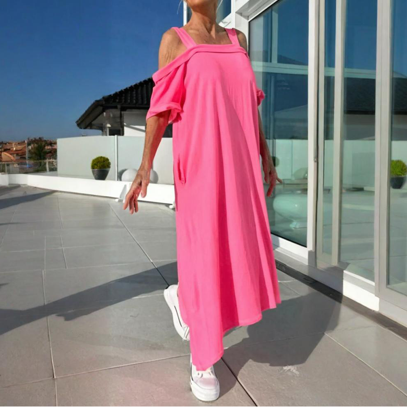 Off-Shoulder Side Slit Maxi Dress - Pink