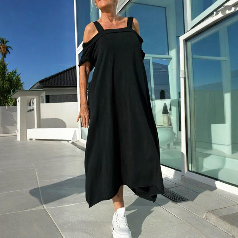 Off-Shoulder Side Slit Maxi Dress - Black