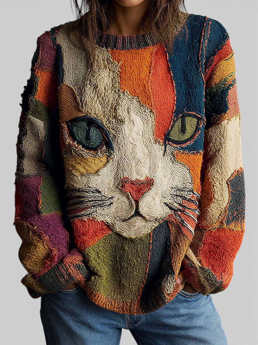 Women's artistic cat print long sleeve top, flat view