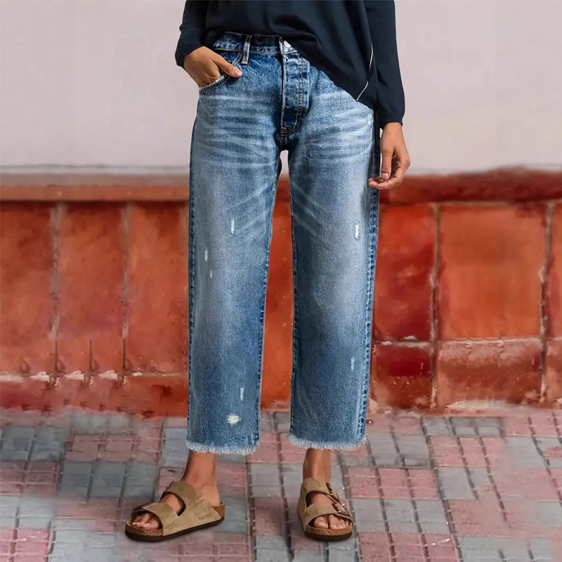 Women's retro straight leg cropped jeans classic blue