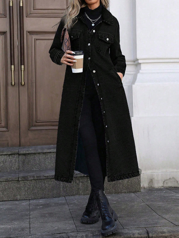 Women's long denim duster jacket in black