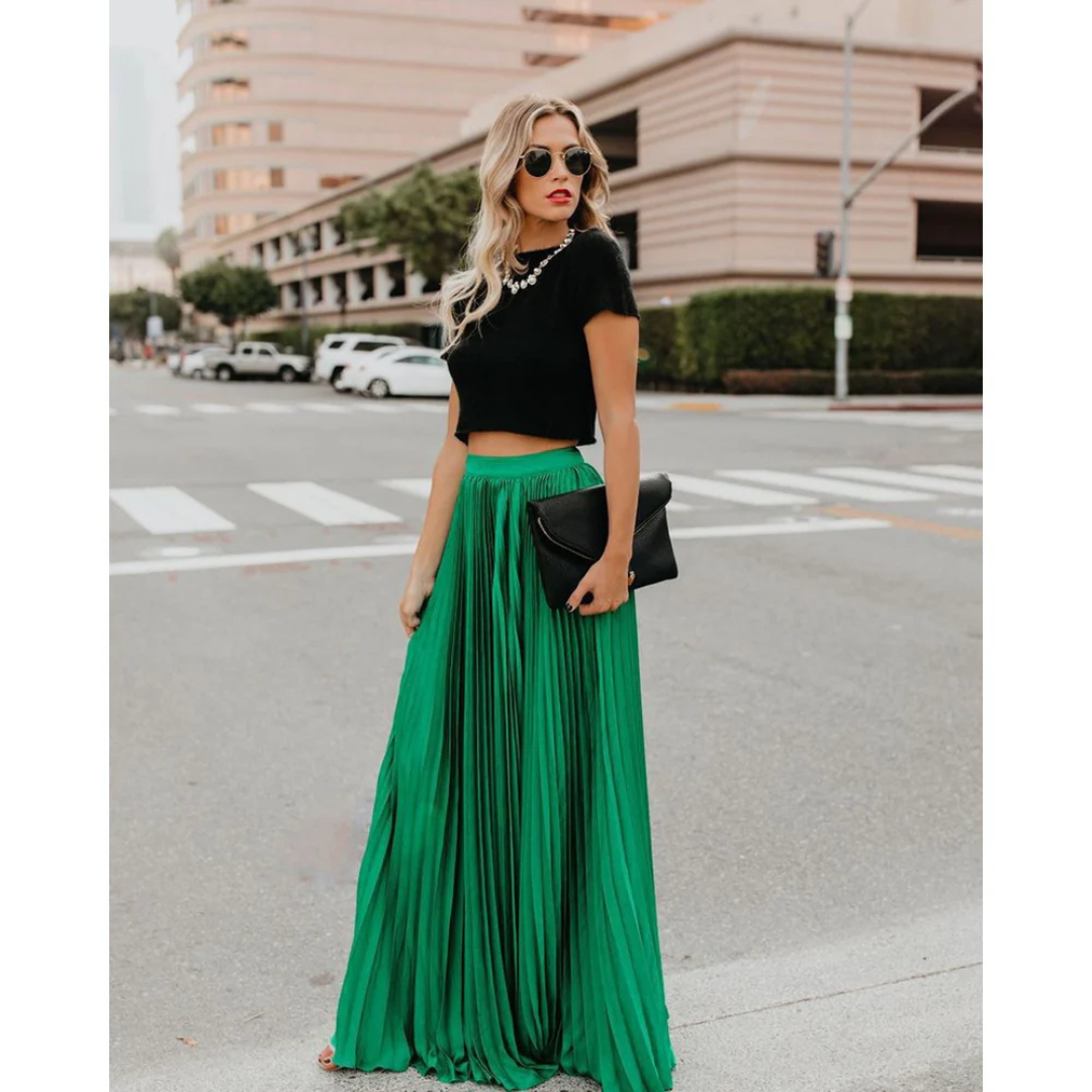 Thessamine high waist pleated maxi skirt in green