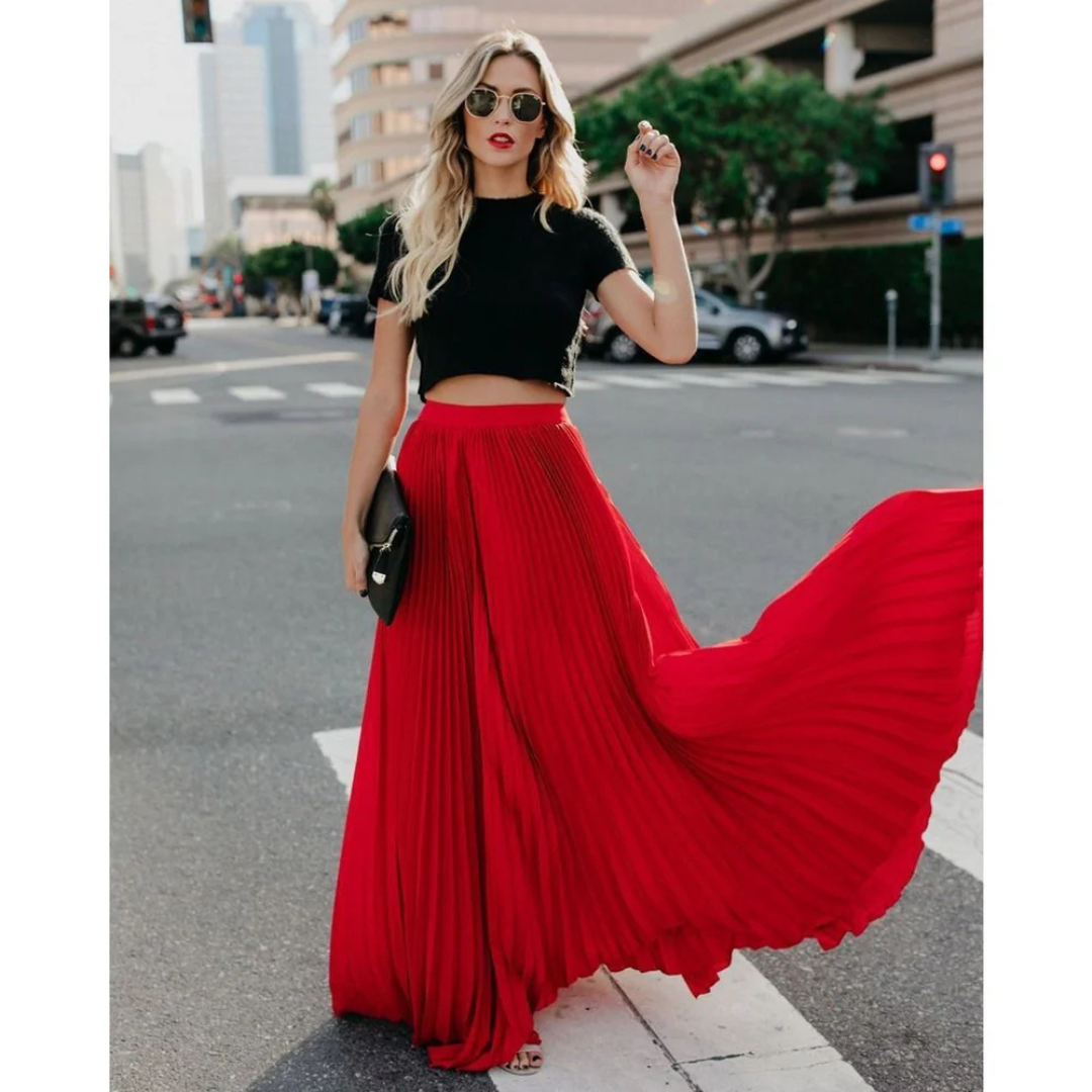 Thessamine high waist pleated maxi skirt in red