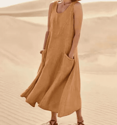 Sleeveless swing midi dress with pockets in brown