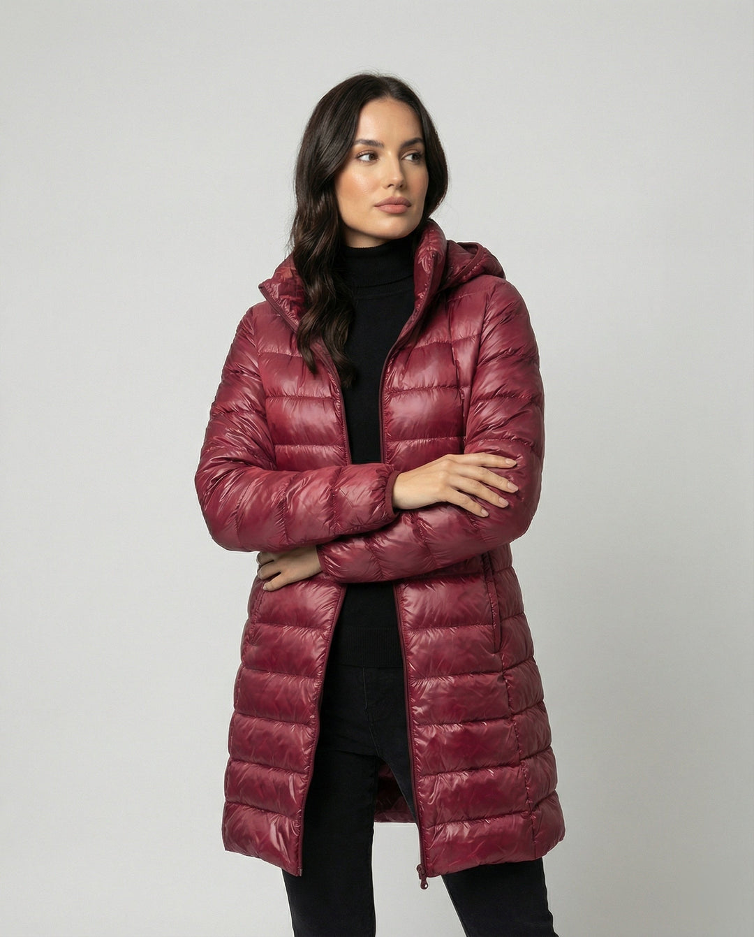 Burgundy hooded down jacket with slim fit