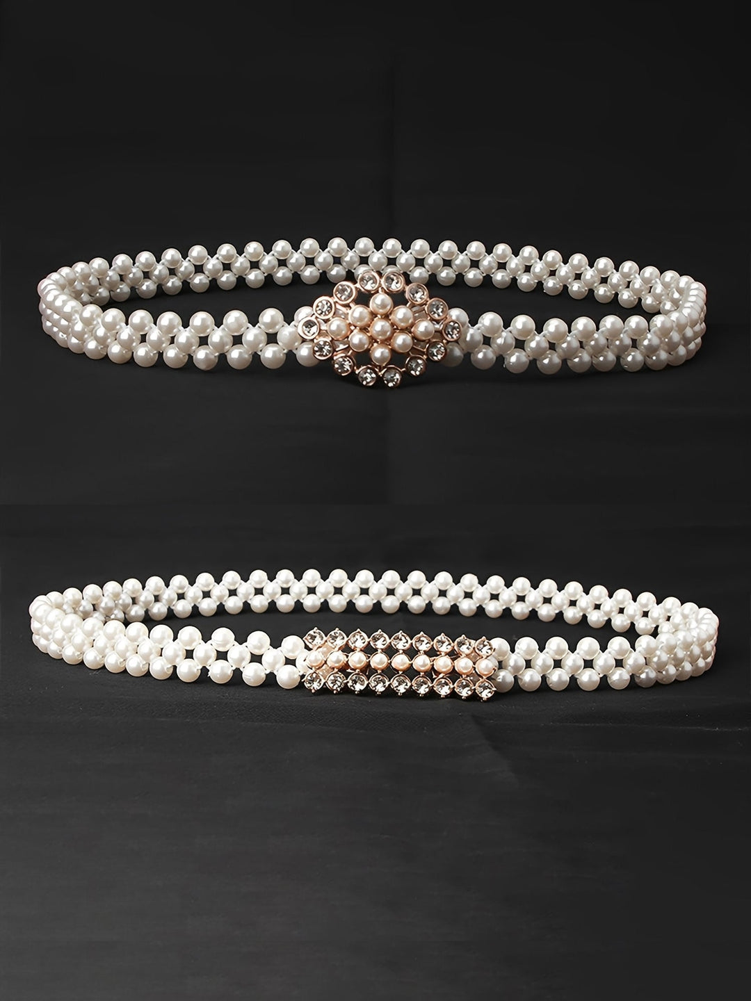 Women's pearl and rhinestone chain belt set in white