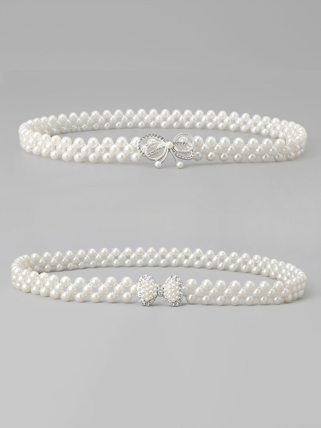 Women's pearl and rhinestone chain belt set in silver