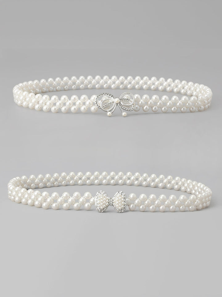 Women's pearl and rhinestone chain belt set in silver