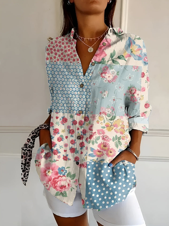 Blue floral long sleeve button-down blouse women