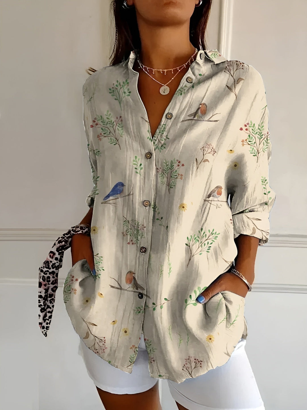 Beige floral long sleeve button-down blouse women