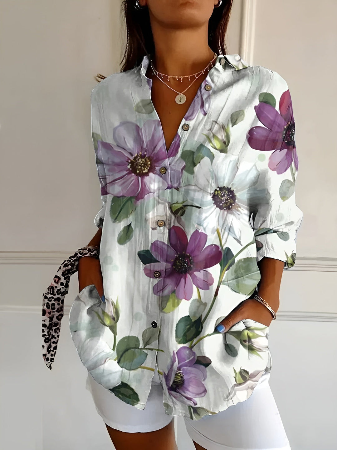 Purple floral long sleeve button-down blouse women