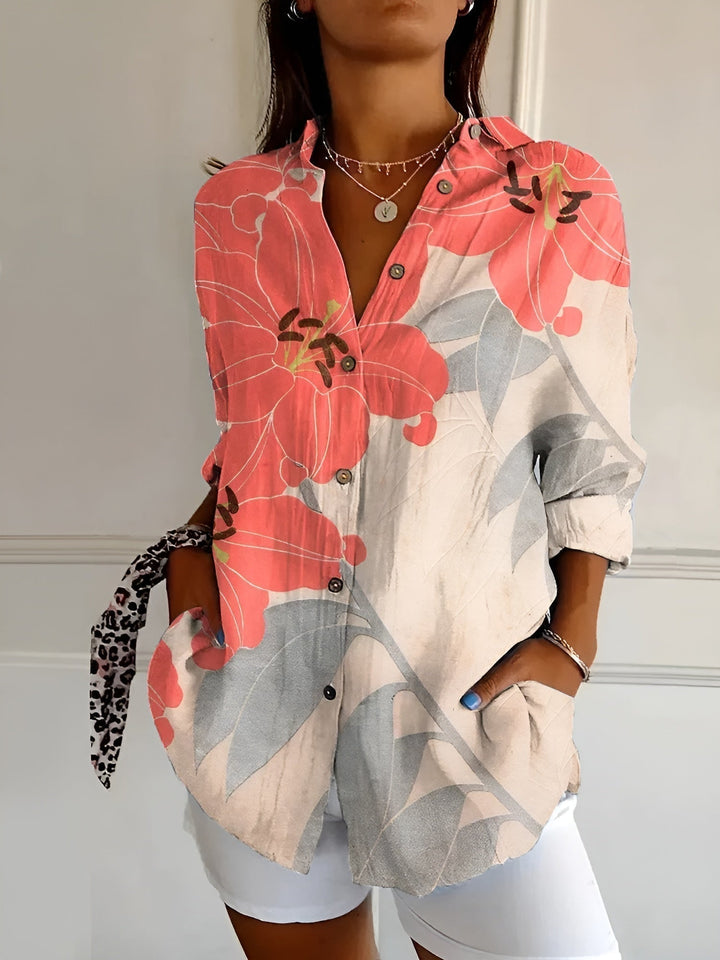 Orange and grey floral long sleeve button-down blouse women