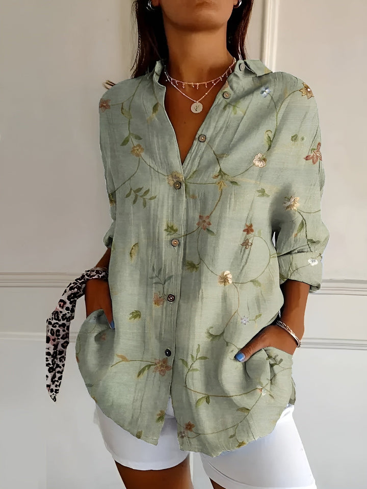 Green floral long sleeve button-down blouse women