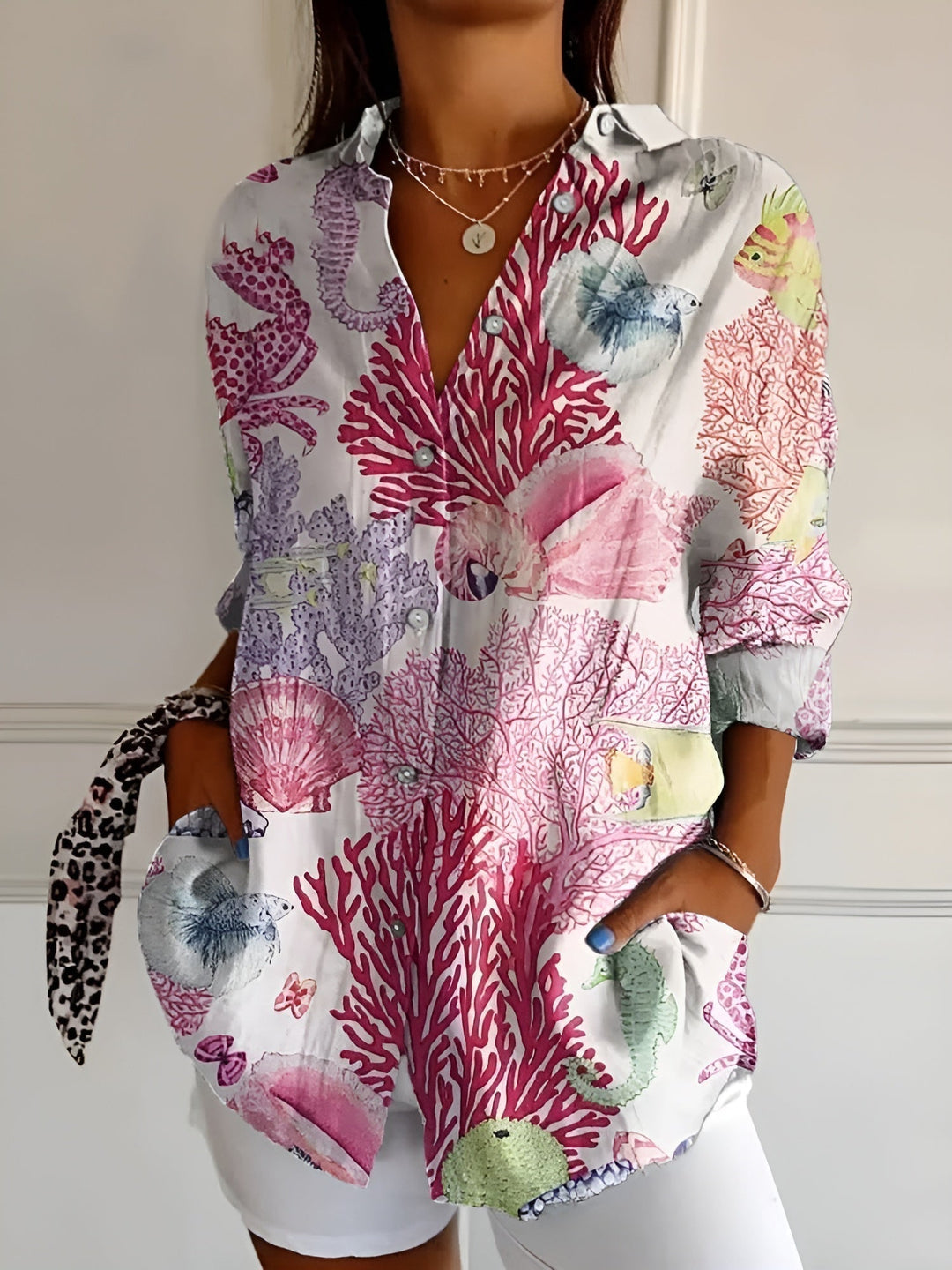 Pink sea life print long sleeve button-down blouse women