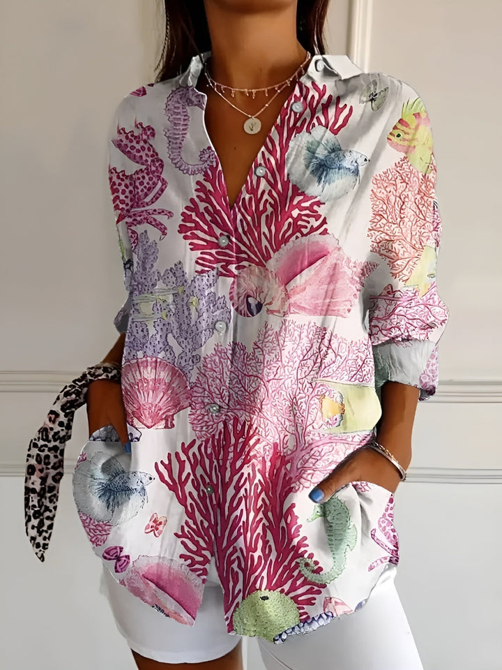 Pink sea life print long sleeve button-down blouse women