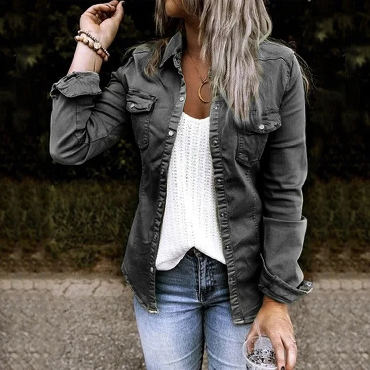 Button-front denim shirt jacket - black