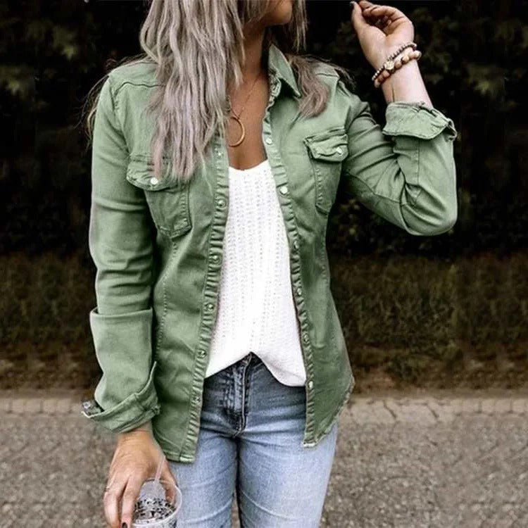 Button-front denim shirt jacket - green
