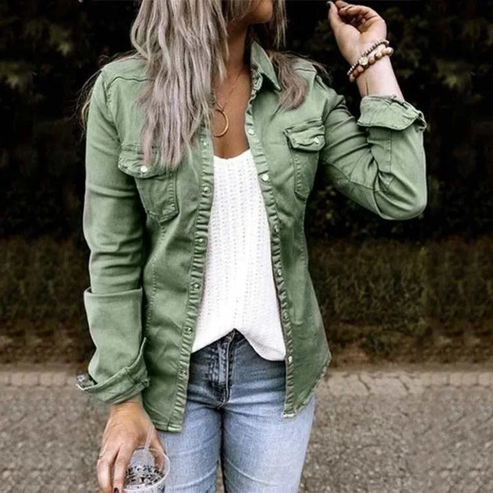 Button-front denim shirt jacket - green