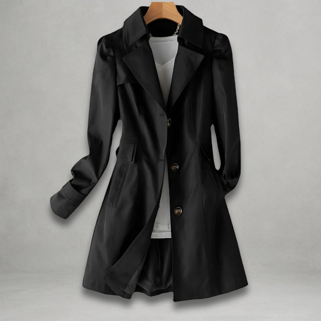 Women's Single-Breasted Notch Lapel Trench Coat - Black