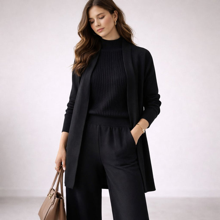 Women's Three Piece Knit Lounge Set with Cardigan - Black
