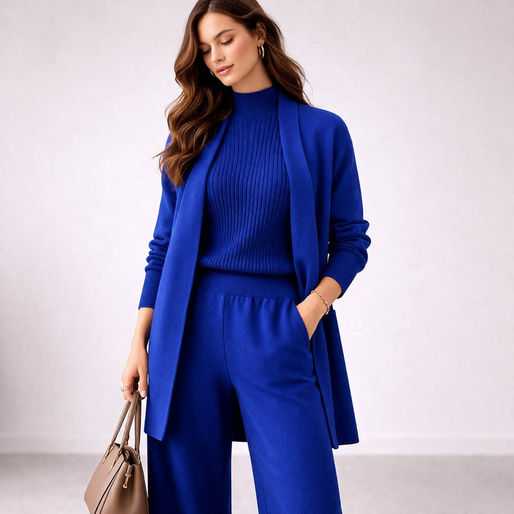 Women's Three Piece Knit Lounge Set with Cardigan - Blue