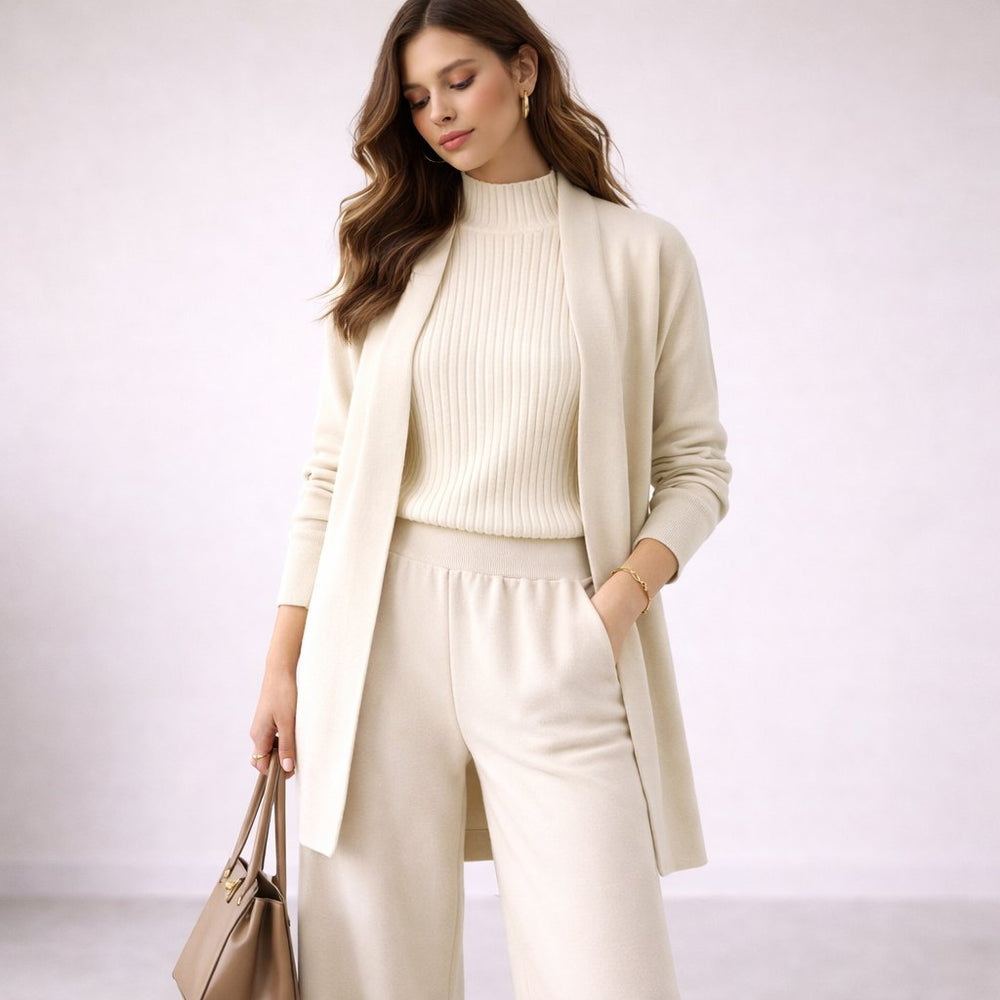 Women's Three Piece Knit Lounge Set with Cardigan - White