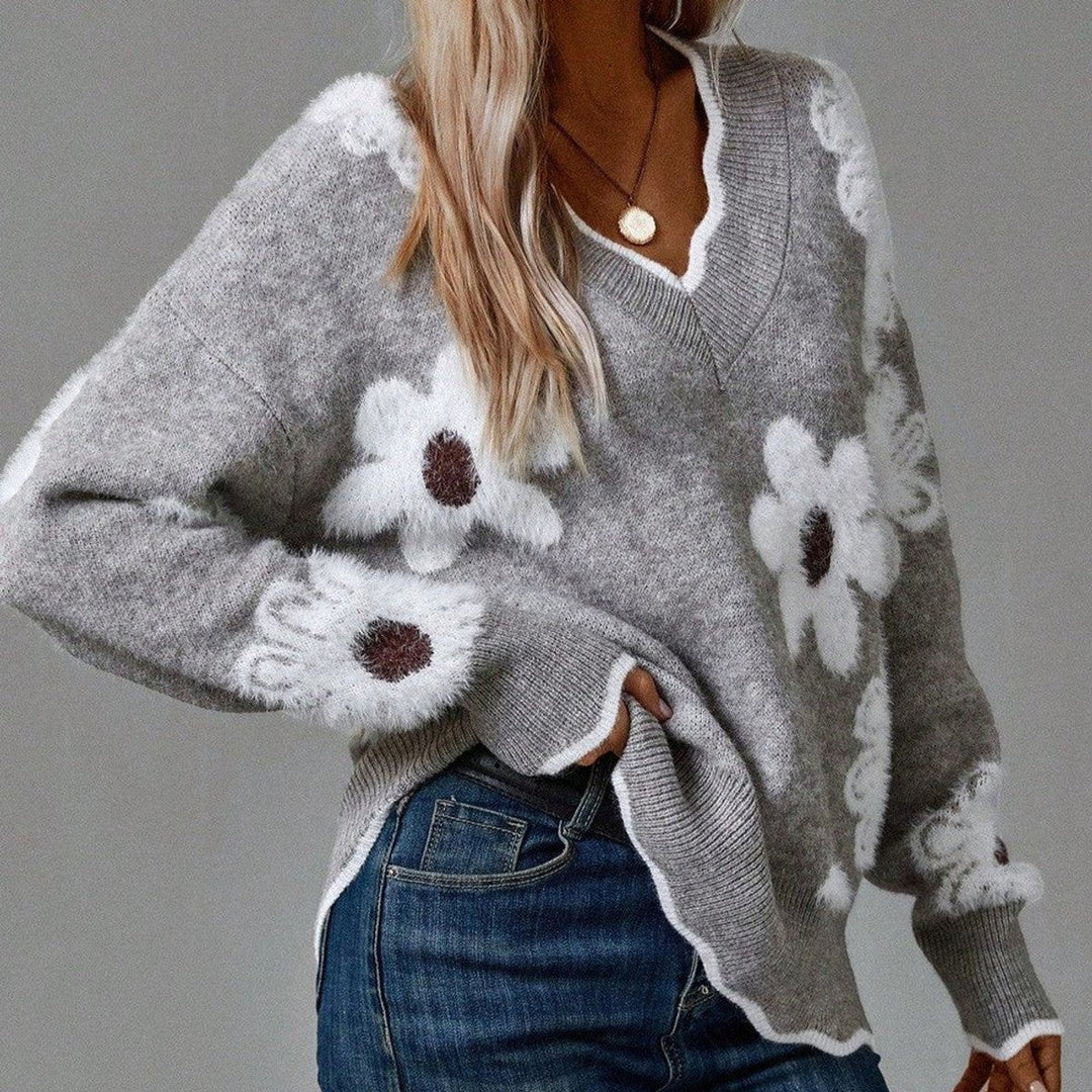 Women's Floral Textured V-Neck Knit Sweater - Grey