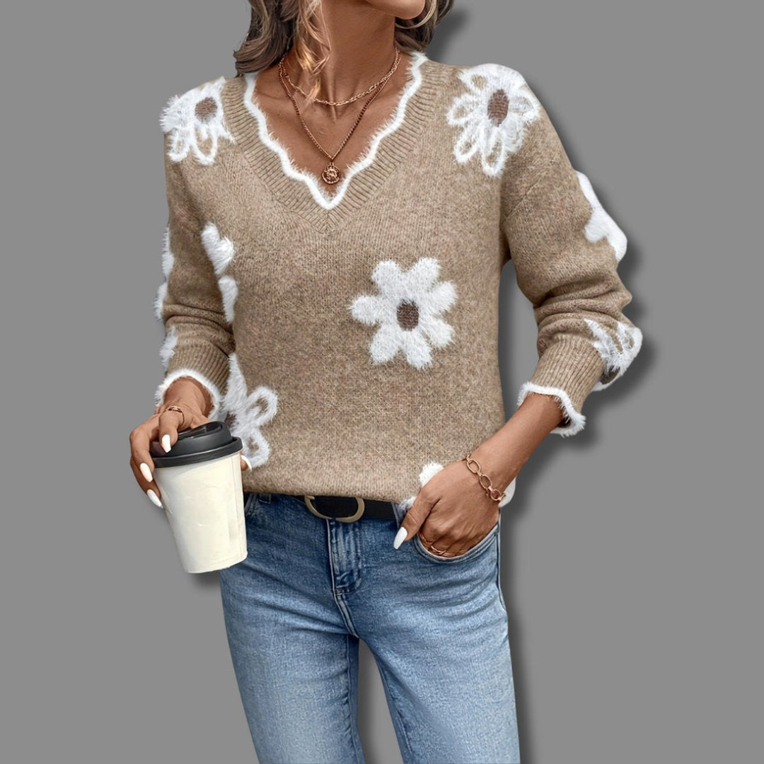 Women's Floral Textured V-Neck Knit Sweater - Khaki