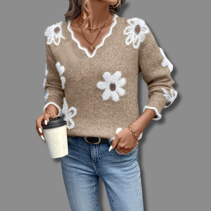 Women's Floral Textured V-Neck Knit Sweater - Khaki