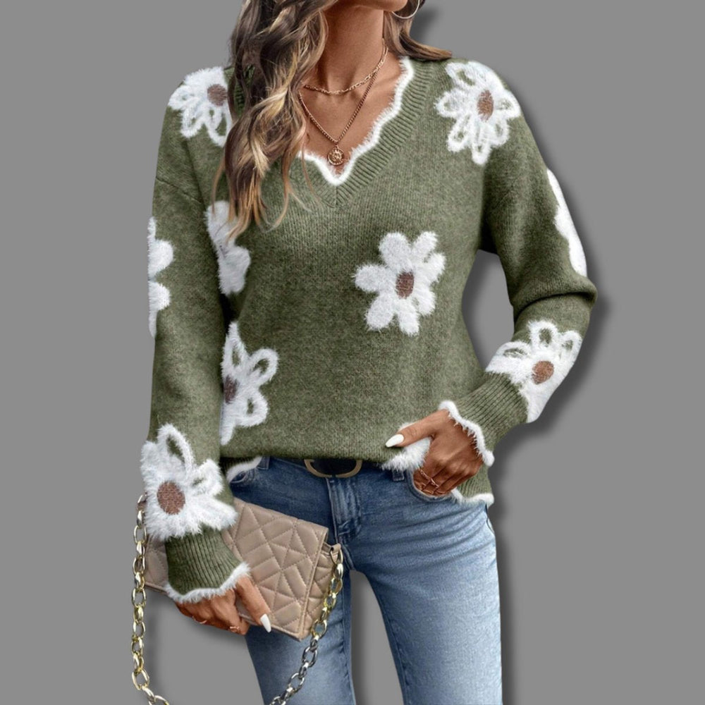 Women's Floral Textured V-Neck Knit Sweater - Green