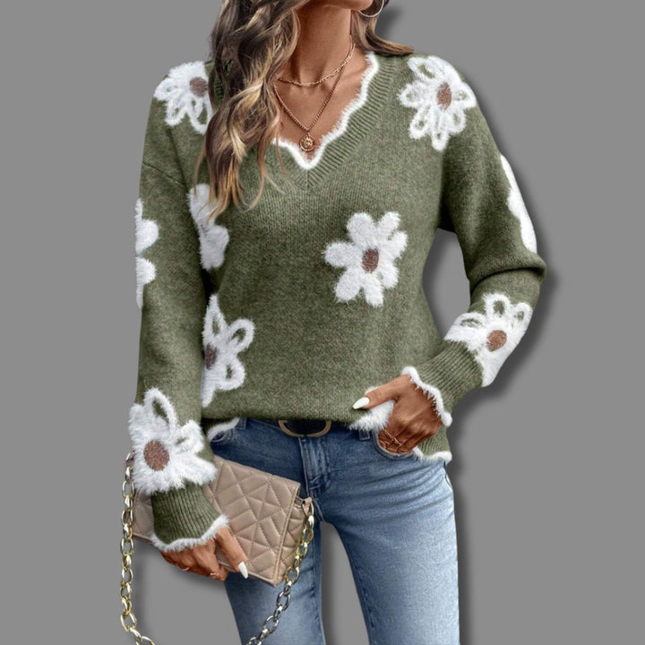 Women's Floral Textured V-Neck Knit Sweater - Green