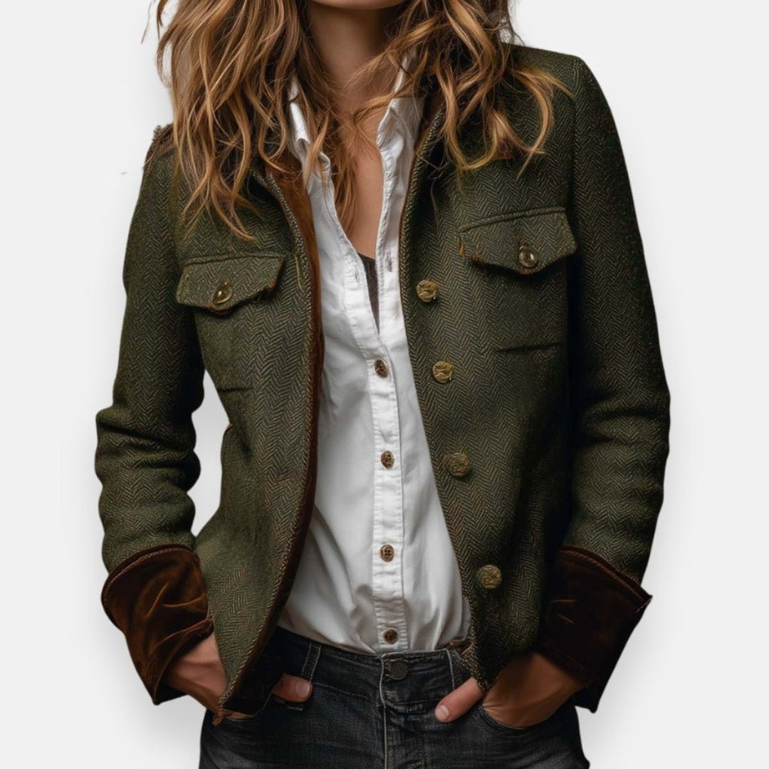 Women's Herringbone Tweed Military Jacket with Gold Buttons - Army Green