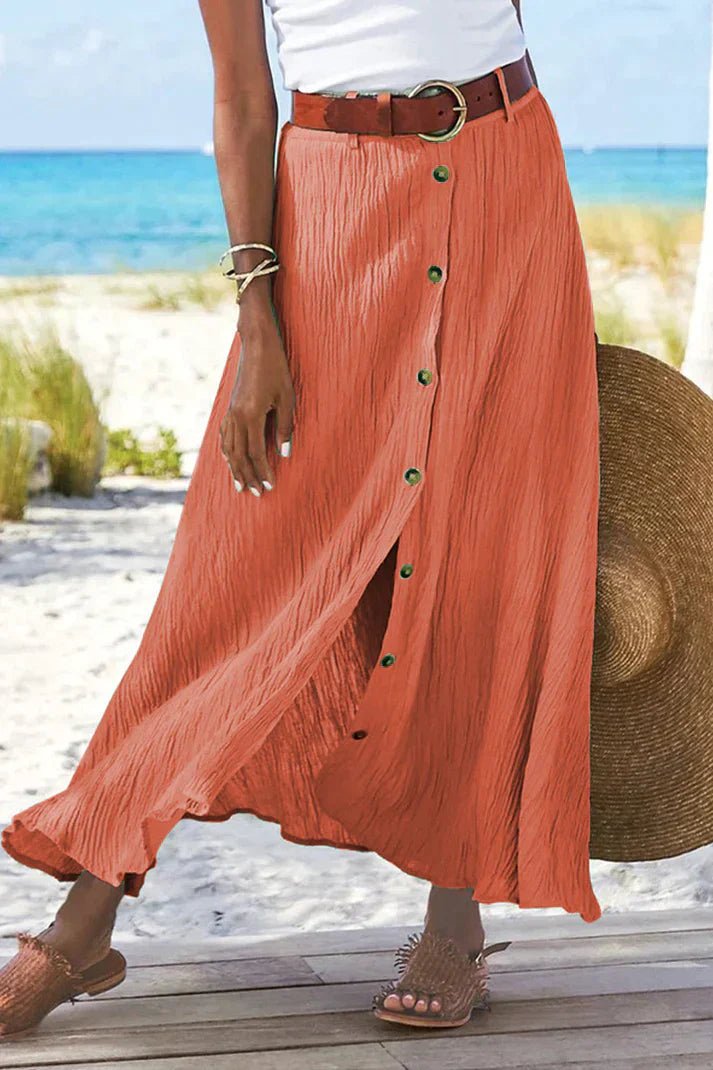 High-Waist Button-Front Linnen-Look Maxi Skirt