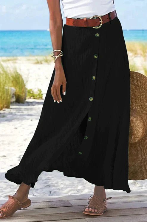 High-Waist Button-Front Linnen-Look Maxi Skirt
