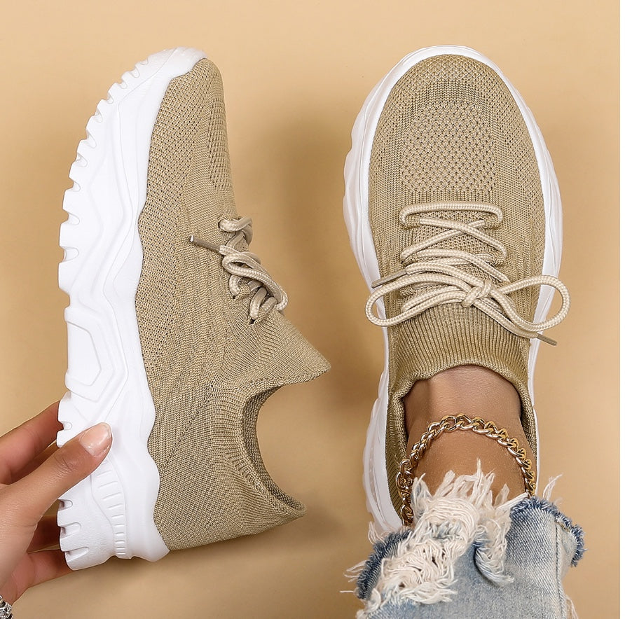 Beige lace up sock collar chunky platform sneakers