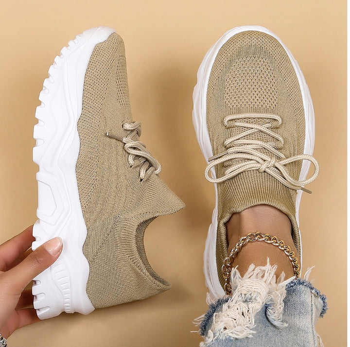 Beige lace up sock collar chunky platform sneakers