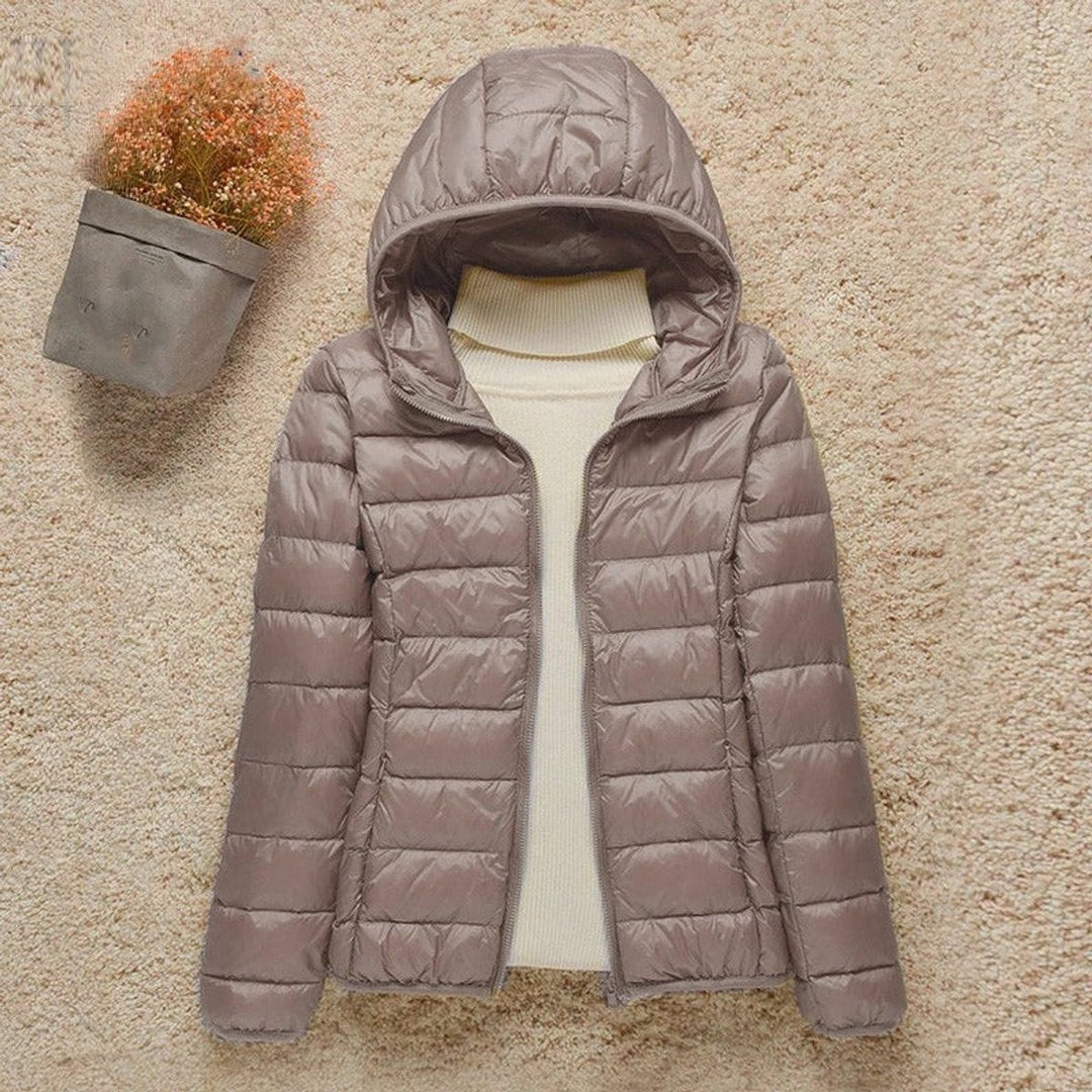 Women's Hooded Packable Puffer Jacket - Taupe