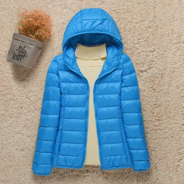 Women's Hooded Packable Puffer Jacket - Light Blue