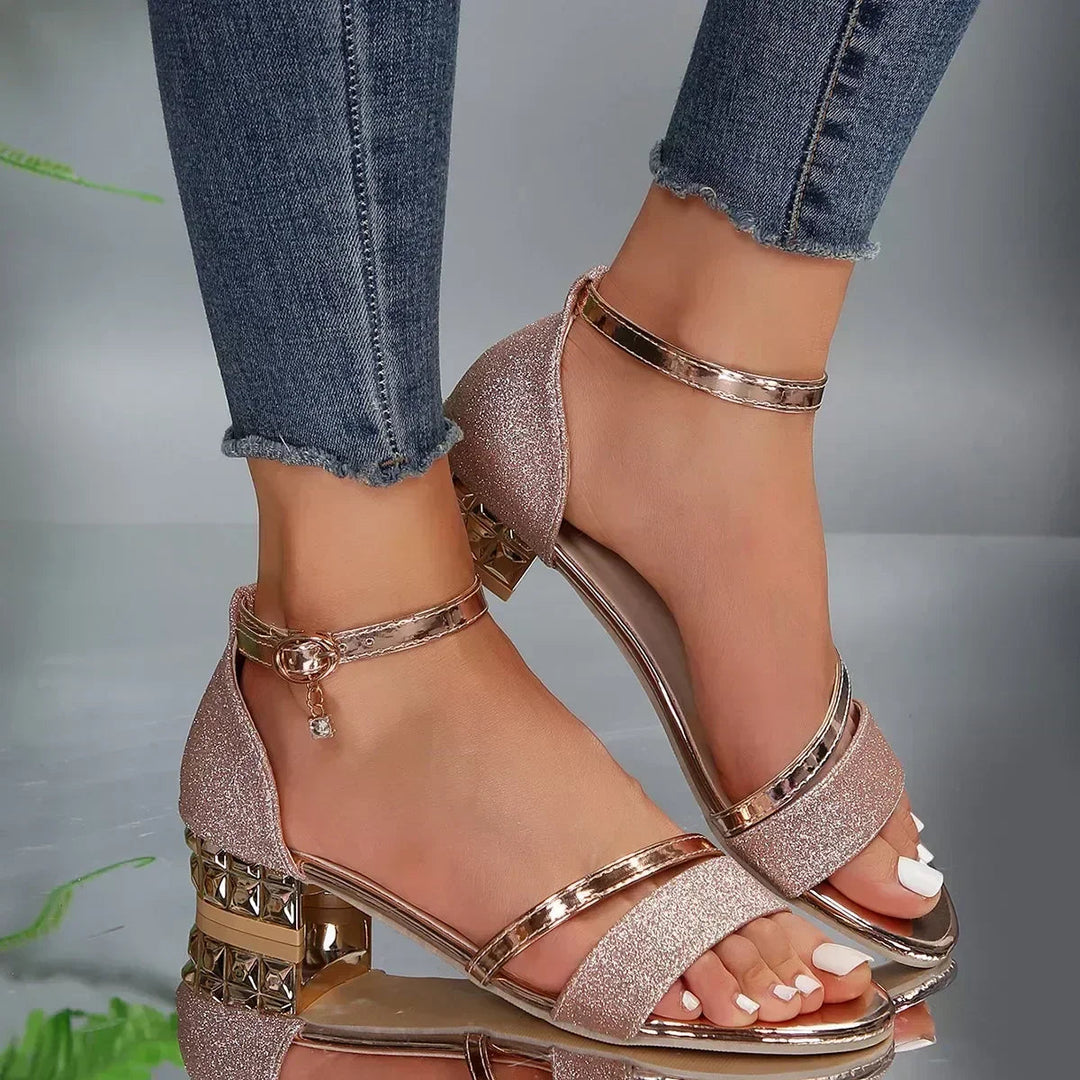 Pink glitter ankle strap sandals with low block heel
