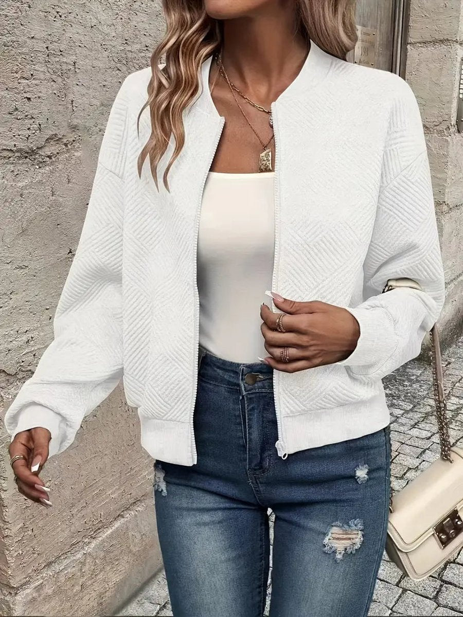 Women's Quilted Zip-Up Cropped Bomber Jacket - White