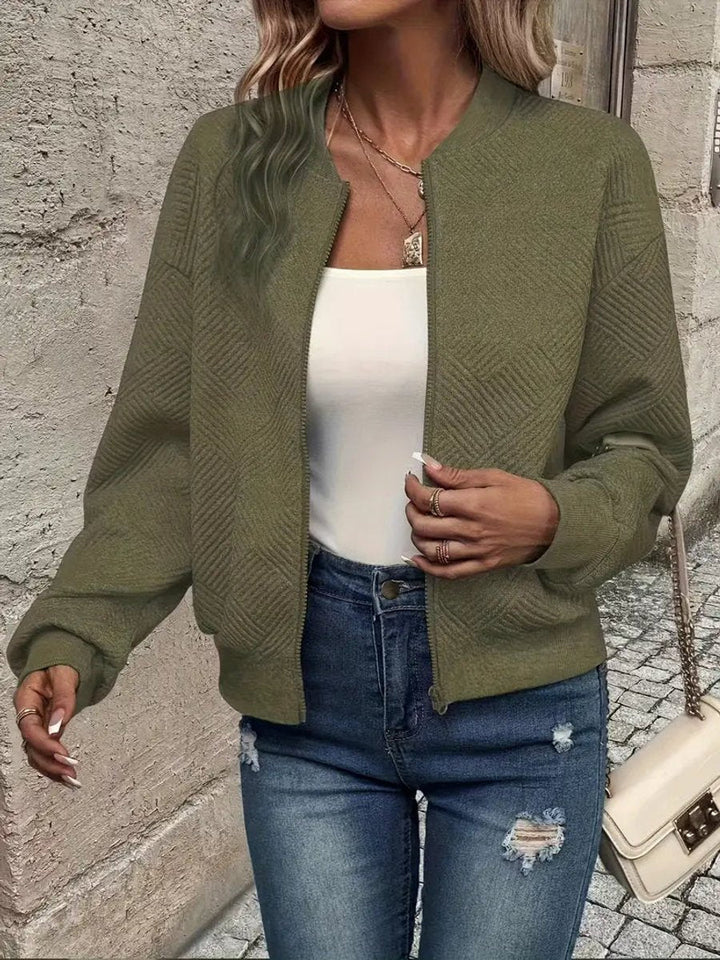 Women's Quilted Zip-Up Cropped Bomber Jacket - Olive Green