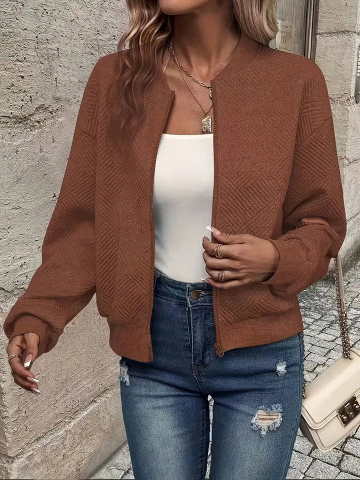 Women's Quilted Zip-Up Cropped Bomber Jacket - Dark Brown