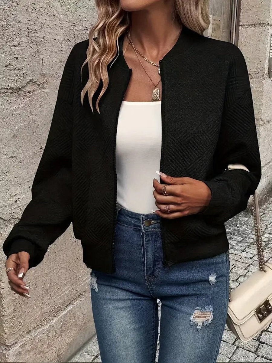 Women's Quilted Zip-Up Cropped Bomber Jacket - Black