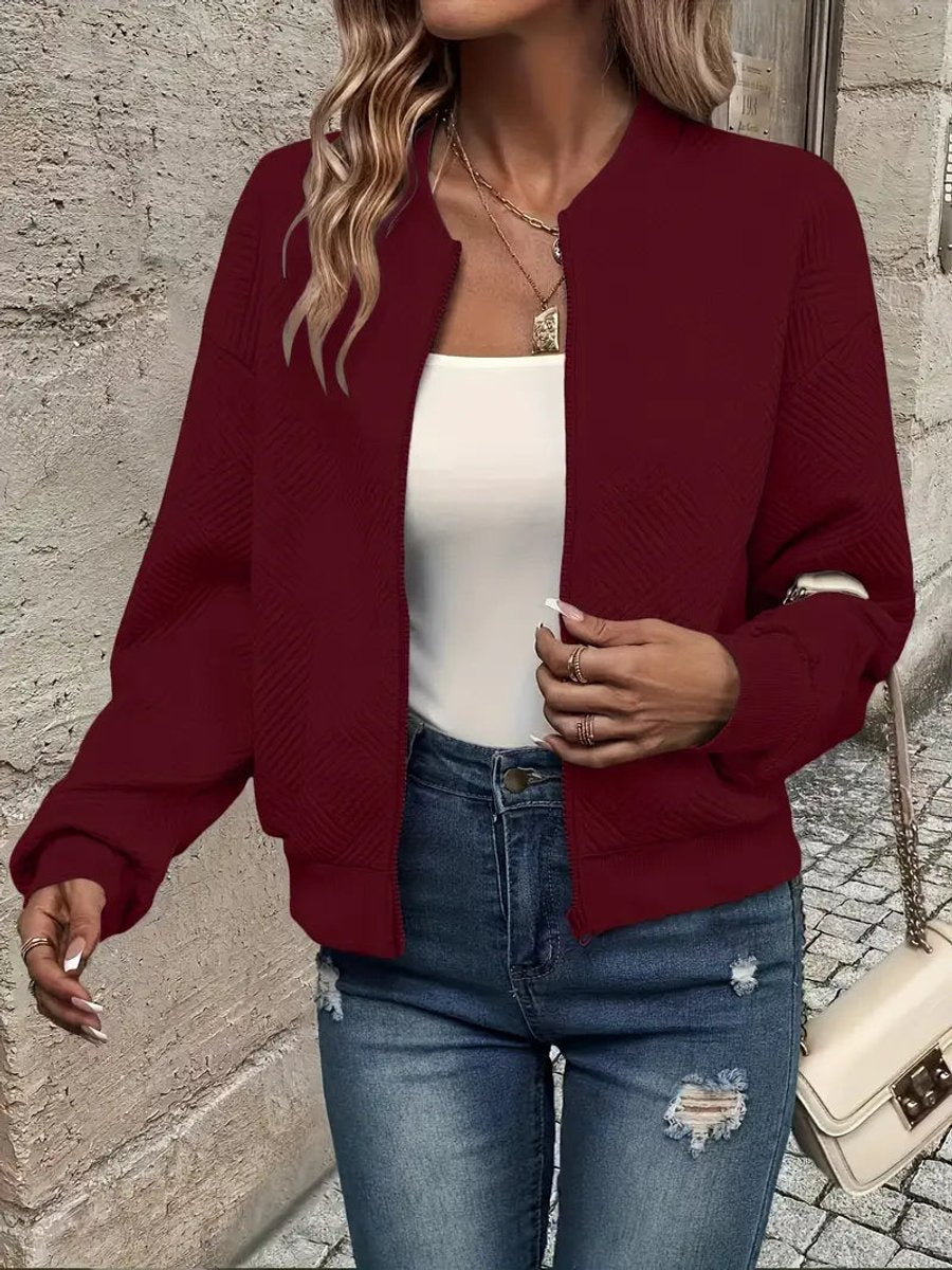 Women's Quilted Zip-Up Cropped Bomber Jacket - Dark Red