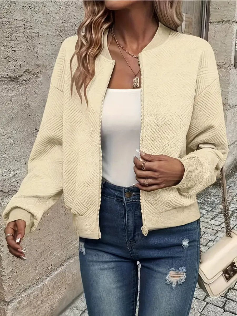 Women's Quilted Zip-Up Cropped Bomber Jacket - Apricot