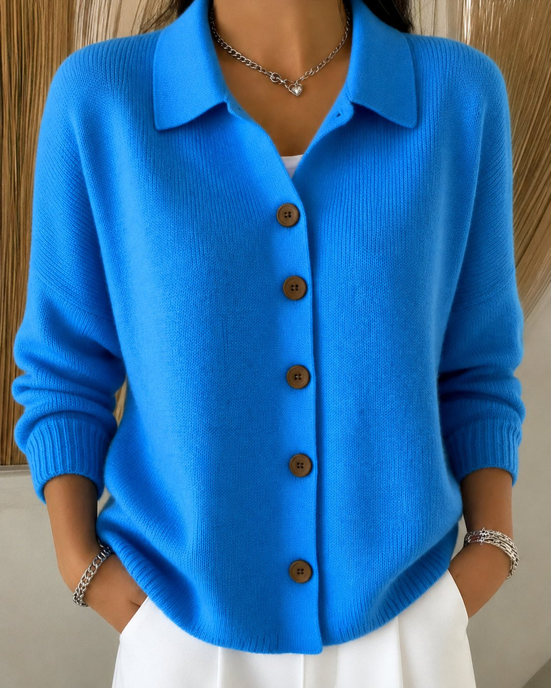 Women's collared button-up knit cardigan in blue