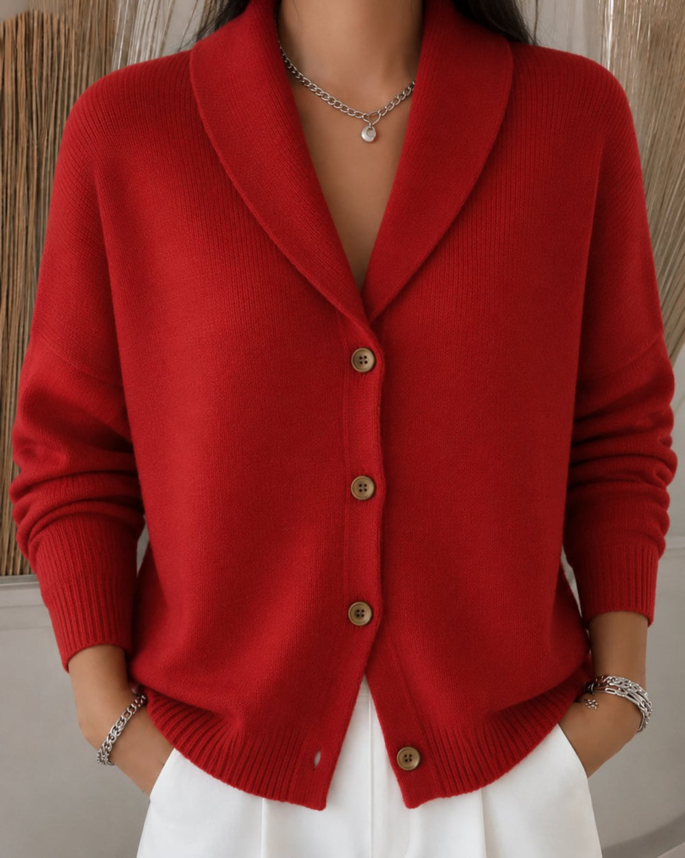 Women's collared button-up knit cardigan in red