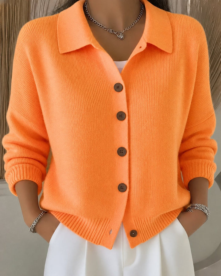 Women's collared button-up knit cardigan in orange